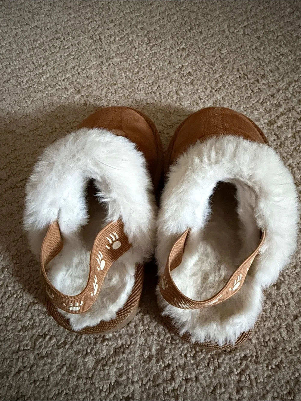 BearPaw Kids Tan-Brown Faux-Suede Slippers with White Faux-Fur Cuff